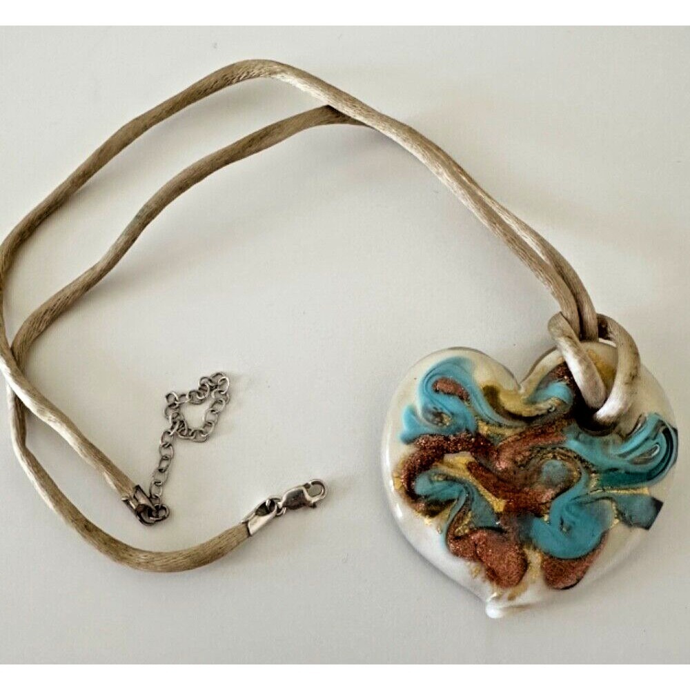 Murano Heart Glass Venetiarum Pendant Necklace Rope Sterling Clasp Aqua Gold - Picture 2 of 15